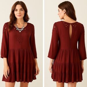 Free People Scarlet lace embroidered eyelet cotton boho mini dress. Peasant. M